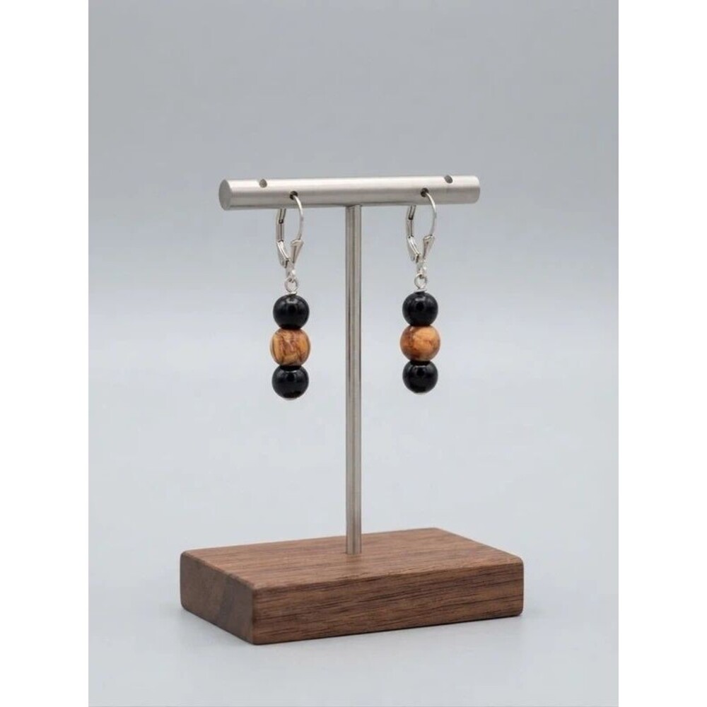 Handmade Black and Tan Wood Bead Dangle Leverback Earrings Artisan Jewelry - Picture 3 of 4